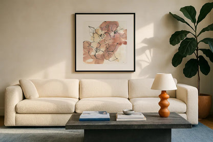Cashmere Florals I by Chris Paschke. Displayed in a glass frame with matte in a clean modern living room. Available as an archival giclee rolled canvas, fine art paper, or poster print. SKU 75928a.