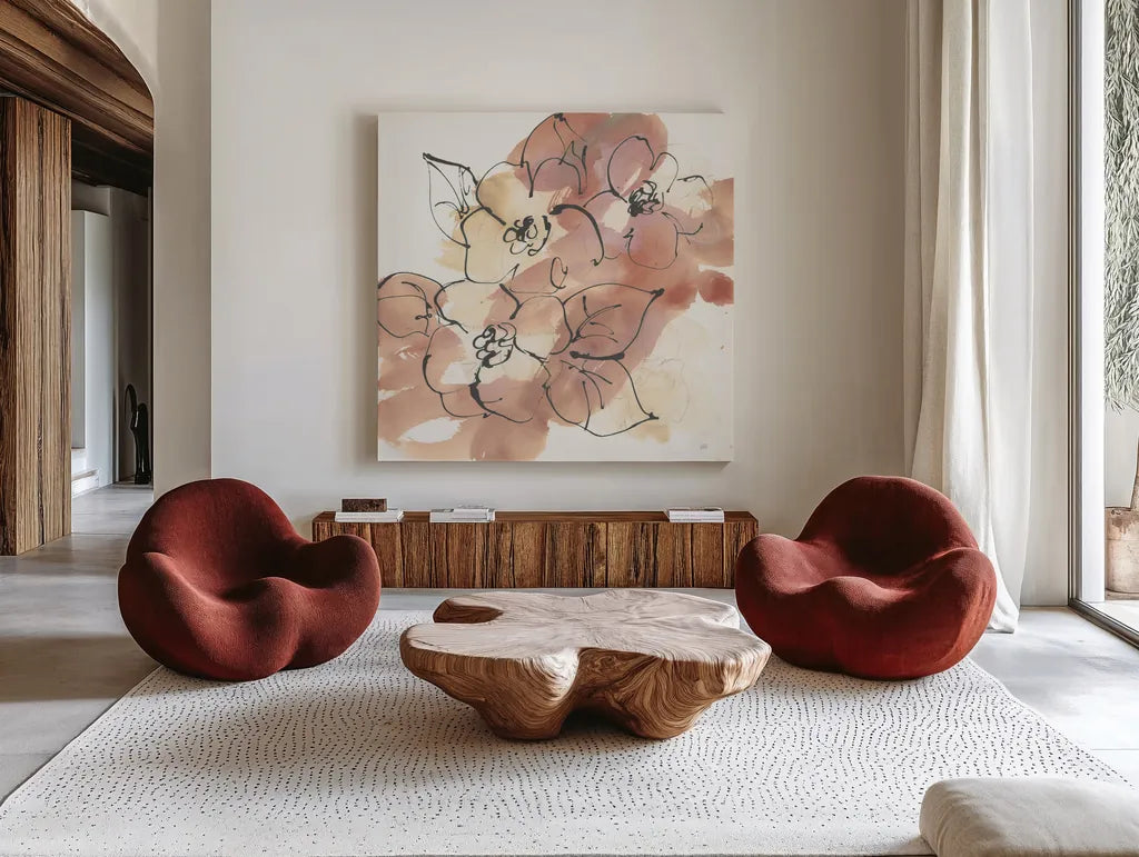 Cashmere Florals I by Chris Paschke. Shown as extra-large giant wall art in a modern living room. Available as an archival giclee rolled canvas, fine art paper, or poster print. SKU 75928a.