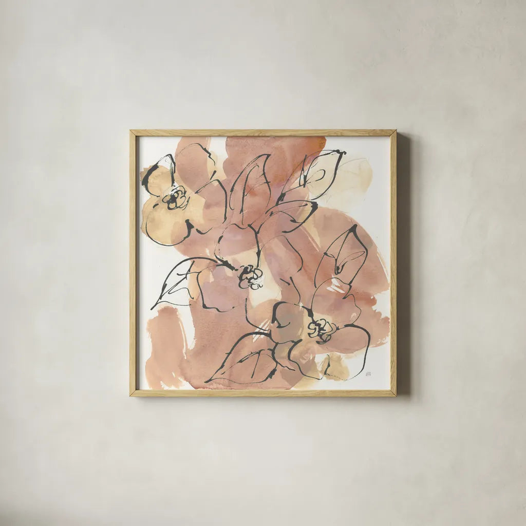 Cashmere Florals II by Chris Paschke. Shown in a natural wood glass frame for a timeless modern aesthetic. Available as an archival giclee rolled canvas, fine art paper, or poster print. SKU 75929a.