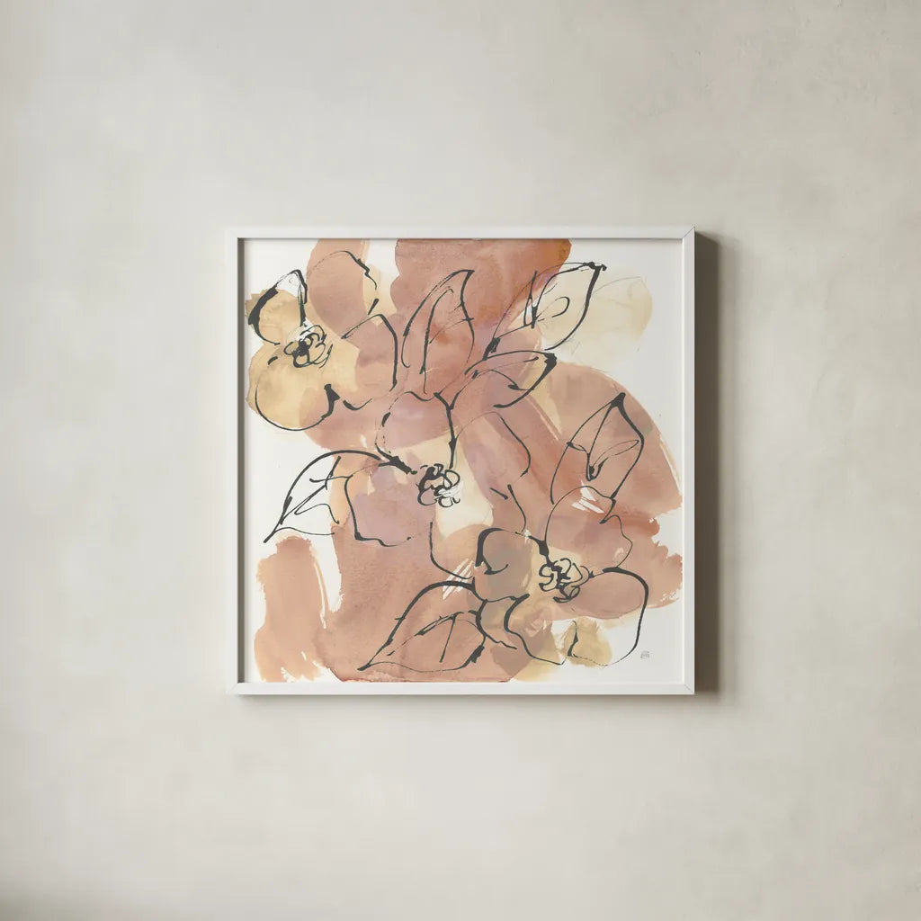 Cashmere Florals II by Chris Paschke. Shown in a crisp white glass frame for a clean and minimalist style. Available as an archival giclee rolled canvas, fine art paper, or poster print. SKU 75929a.