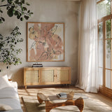 Cashmere Florals II by Chris Paschke. Shown in a natural wood frame in a cozy modern living room. Available as an archival giclee rolled canvas, fine art paper, or poster print. SKU 75929a.