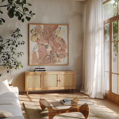Cashmere Florals II by Chris Paschke. Shown in a natural wood frame in a cozy modern living room. Available as an archival giclee rolled canvas, fine art paper, or poster print. SKU 75929a.