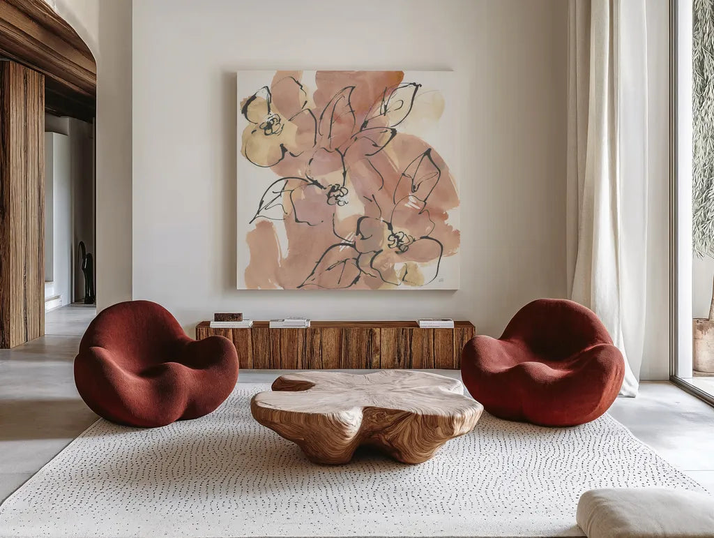Cashmere Florals II by Chris Paschke. Shown as extra-large giant wall art in a modern living room. Available as an archival giclee rolled canvas, fine art paper, or poster print. SKU 75929a.