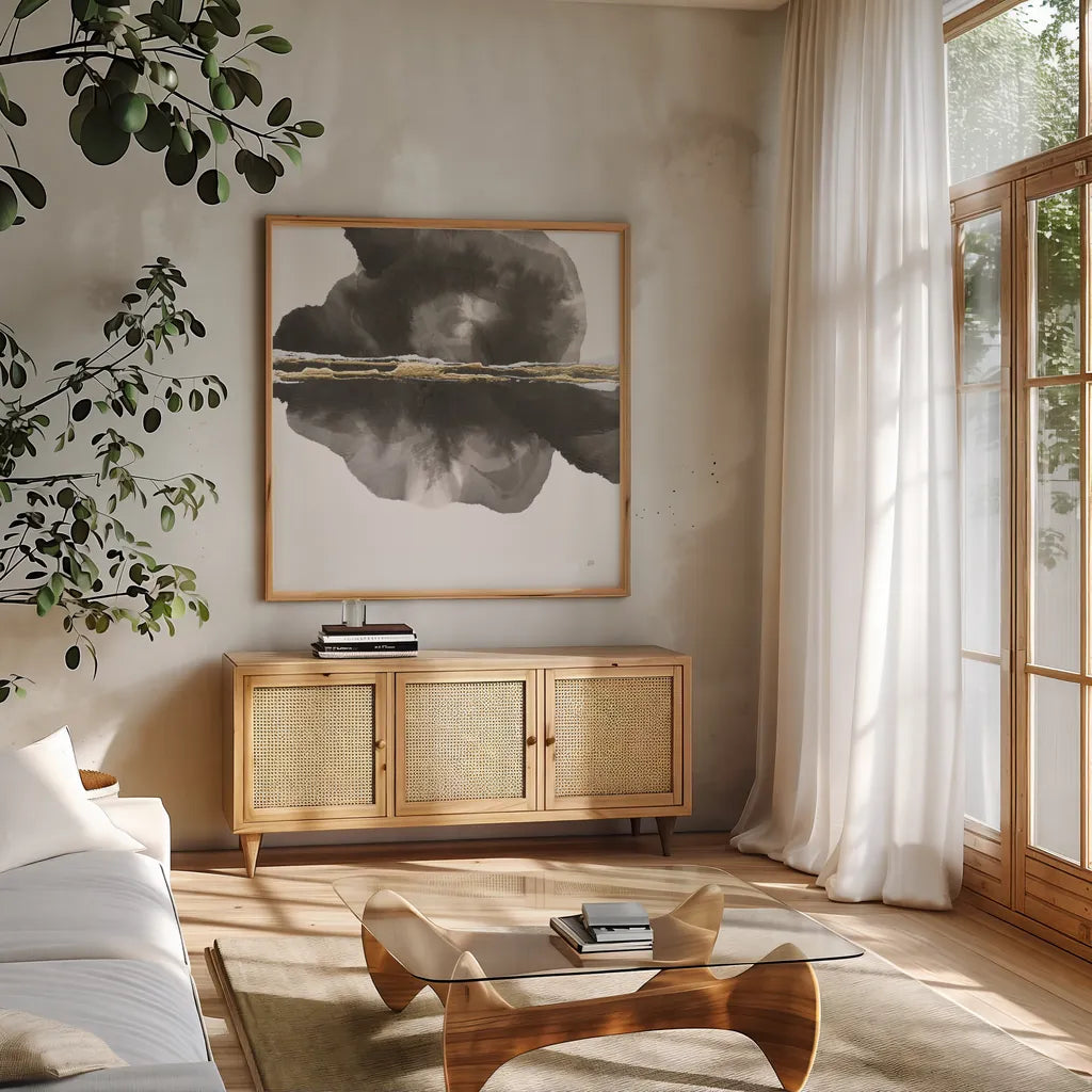 Casting Shadows by Chris Paschke. Shown in a natural wood frame in a cozy modern living room. Available as an archival giclee rolled canvas, fine art paper, or poster print. SKU 74360a.