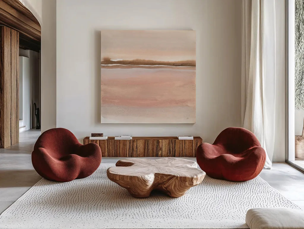 Cave Neutrals II by Chris Paschke. Shown as extra-large giant wall art in a modern living room. Available as an archival giclee rolled canvas, fine art paper, or poster print. SKU 85776a.