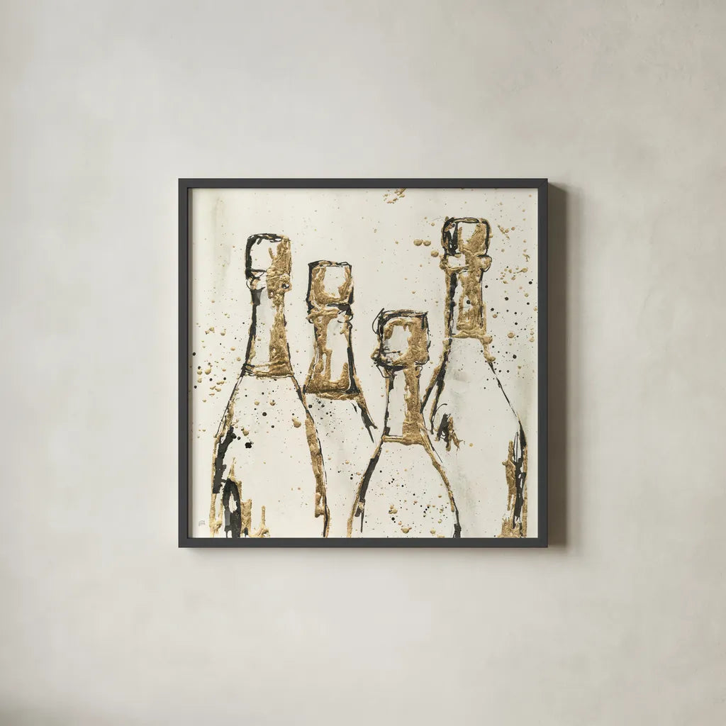 Champagne is Grand I Gold by Chris Paschke. Shown in a sleek black glass frame for a contemporary gallery look. Available as an archival giclee rolled canvas, fine art paper, or poster print. SKU 51395a.