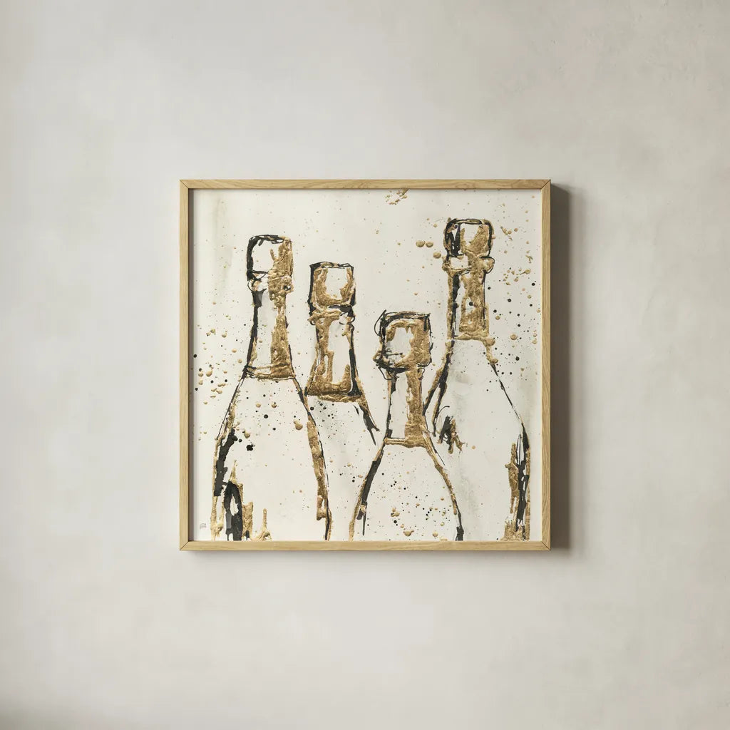 Champagne is Grand I Gold by Chris Paschke. Shown in a natural wood glass frame for a timeless modern aesthetic. Available as an archival giclee rolled canvas, fine art paper, or poster print. SKU 51395a.