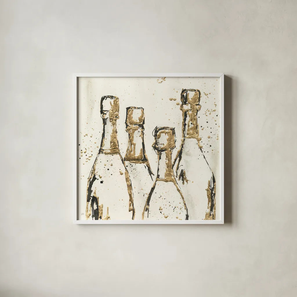 Champagne is Grand I Gold by Chris Paschke. Shown in a crisp white glass frame for a clean and minimalist style. Available as an archival giclee rolled canvas, fine art paper, or poster print. SKU 51395a.