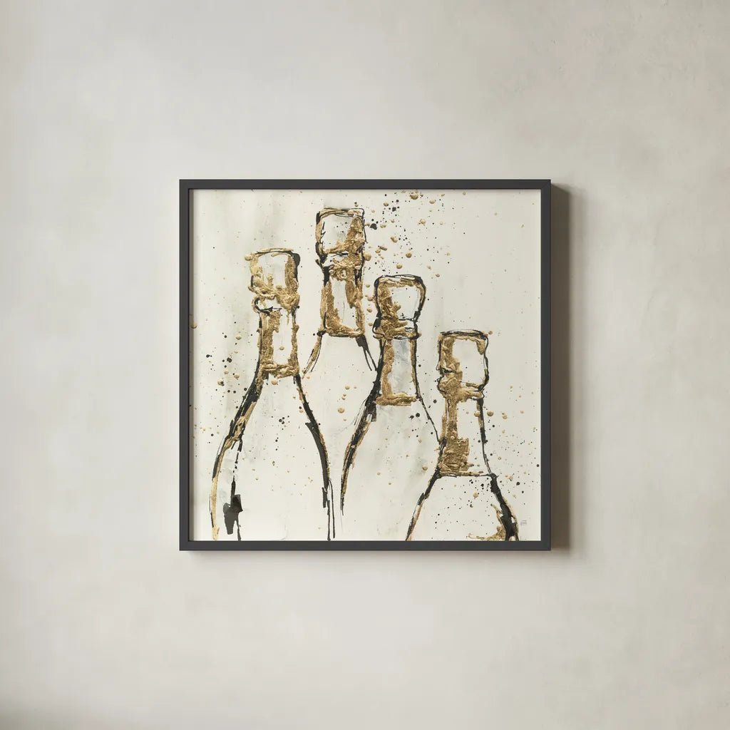 Champagne is Grand II Gold by Chris Paschke. Shown in a sleek black glass frame for a contemporary gallery look. Available as an archival giclee rolled canvas, fine art paper, or poster print. SKU 54998a.