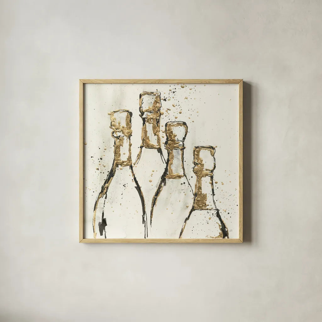 Champagne is Grand II Gold by Chris Paschke. Shown in a natural wood glass frame for a timeless modern aesthetic. Available as an archival giclee rolled canvas, fine art paper, or poster print. SKU 54998a.
