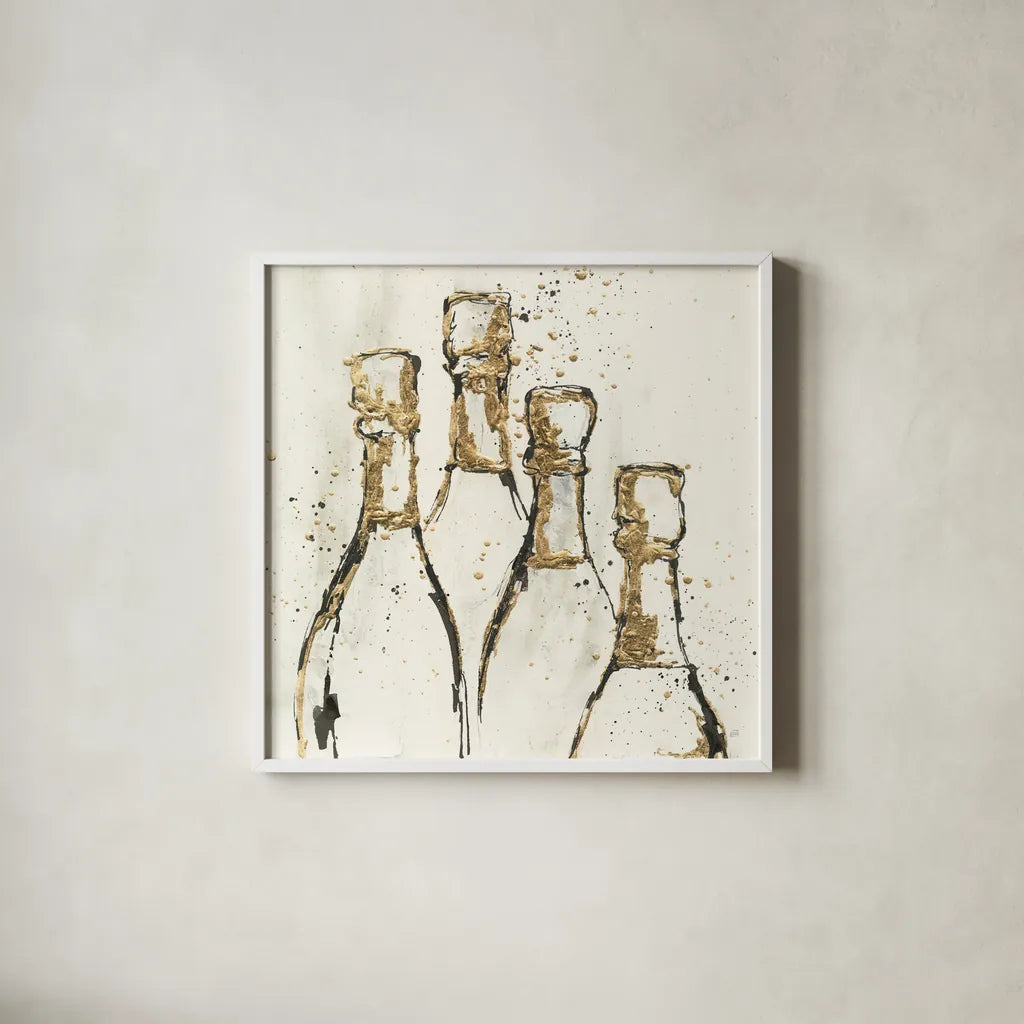 Champagne is Grand II Gold by Chris Paschke. Shown in a crisp white glass frame for a clean and minimalist style. Available as an archival giclee rolled canvas, fine art paper, or poster print. SKU 54998a.