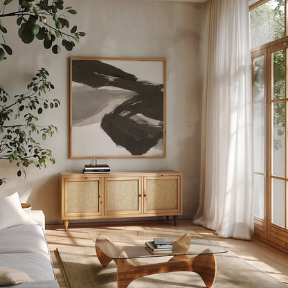 Chaos I by Chris Paschke. Shown in a natural wood frame in a cozy modern living room. Available as an archival giclee rolled canvas, fine art paper, or poster print. SKU 71865a.