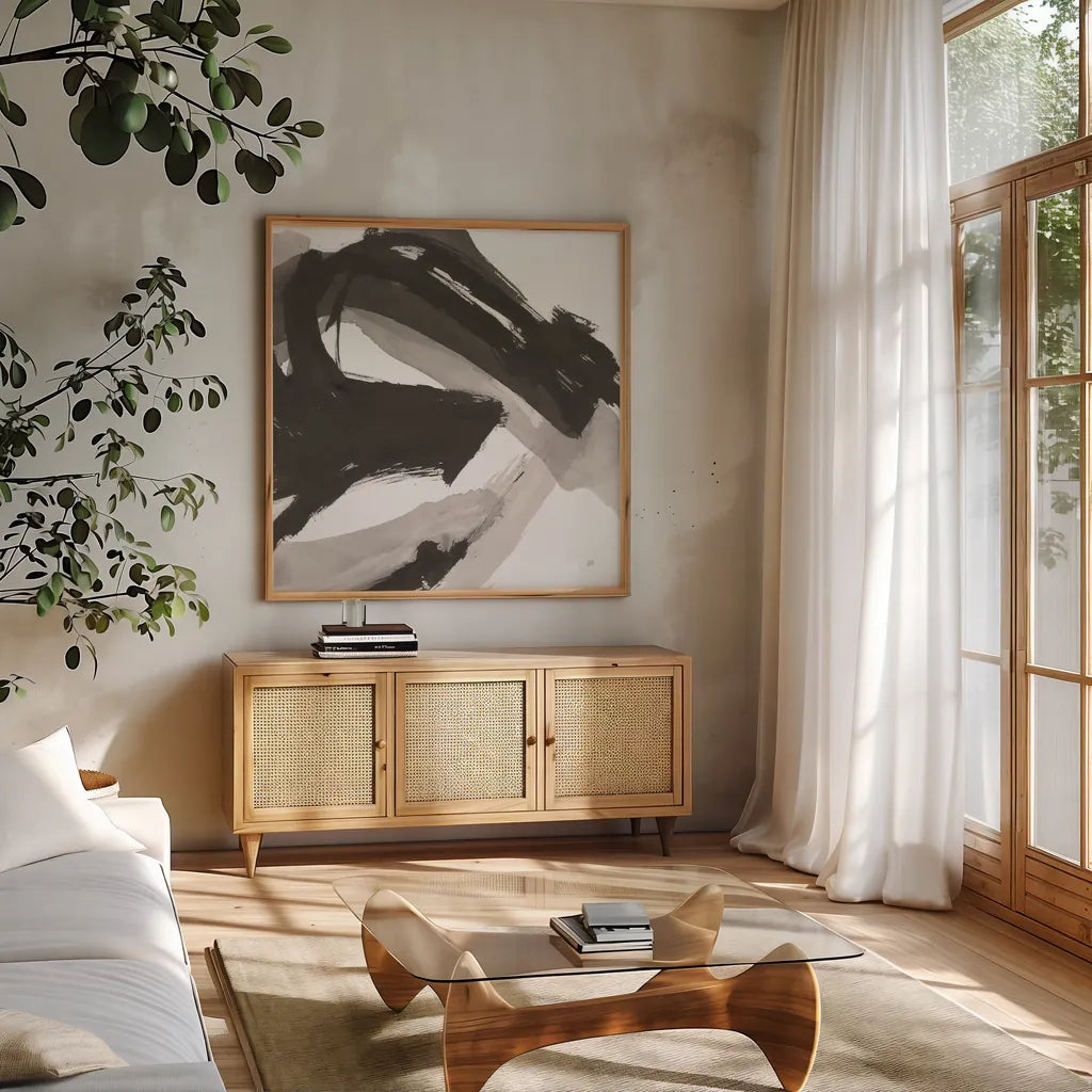 Chaos II by Chris Paschke. Shown in a natural wood frame in a cozy modern living room. Available as an archival giclee rolled canvas, fine art paper, or poster print. SKU 71866a.