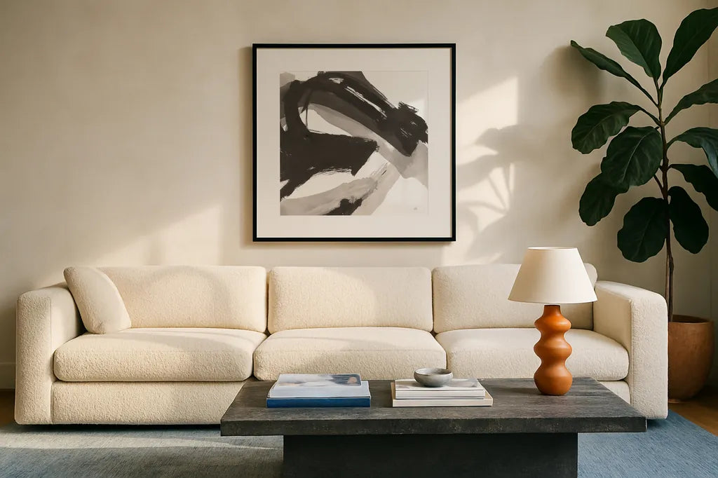 Chaos II by Chris Paschke. Displayed in a glass frame with matte in a clean modern living room. Available as an archival giclee rolled canvas, fine art paper, or poster print. SKU 71866a.