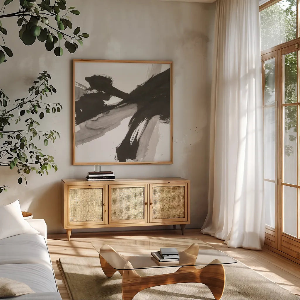 Chaos III by Chris Paschke. Shown in a natural wood frame in a cozy modern living room. Available as an archival giclee rolled canvas, fine art paper, or poster print. SKU 71867a.