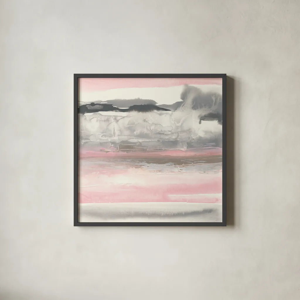 Charcoal and Blush I by Chris Paschke. Shown in a sleek black glass frame for a contemporary gallery look. Available as an archival giclee rolled canvas, fine art paper, or poster print. SKU 49057a.