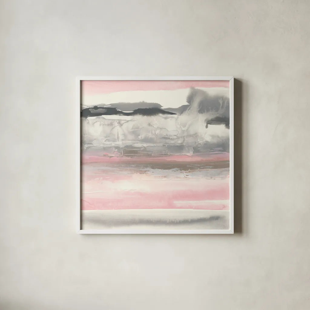 Charcoal and Blush I by Chris Paschke. Shown in a crisp white glass frame for a clean and minimalist style. Available as an archival giclee rolled canvas, fine art paper, or poster print. SKU 49057a.