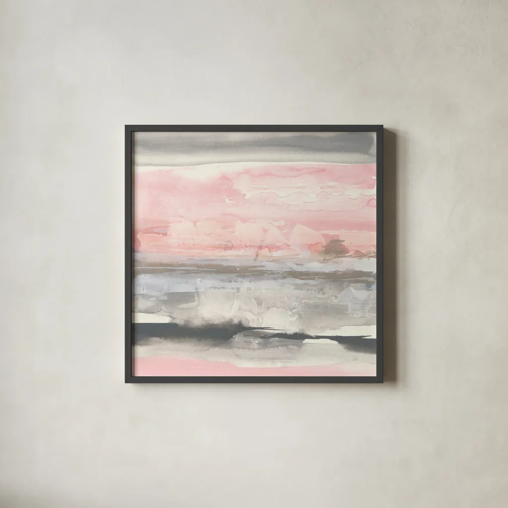 Charcoal and Blush II by Chris Paschke. Shown in a sleek black glass frame for a contemporary gallery look. Available as an archival giclee rolled canvas, fine art paper, or poster print. SKU 49058a.