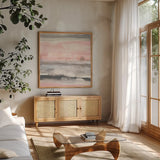 Charcoal and Blush II by Chris Paschke. Shown in a natural wood frame in a cozy modern living room. Available as an archival giclee rolled canvas, fine art paper, or poster print. SKU 49058a.