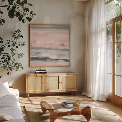 Charcoal and Blush II by Chris Paschke. Shown in a natural wood frame in a cozy modern living room. Available as an archival giclee rolled canvas, fine art paper, or poster print. SKU 49058a.