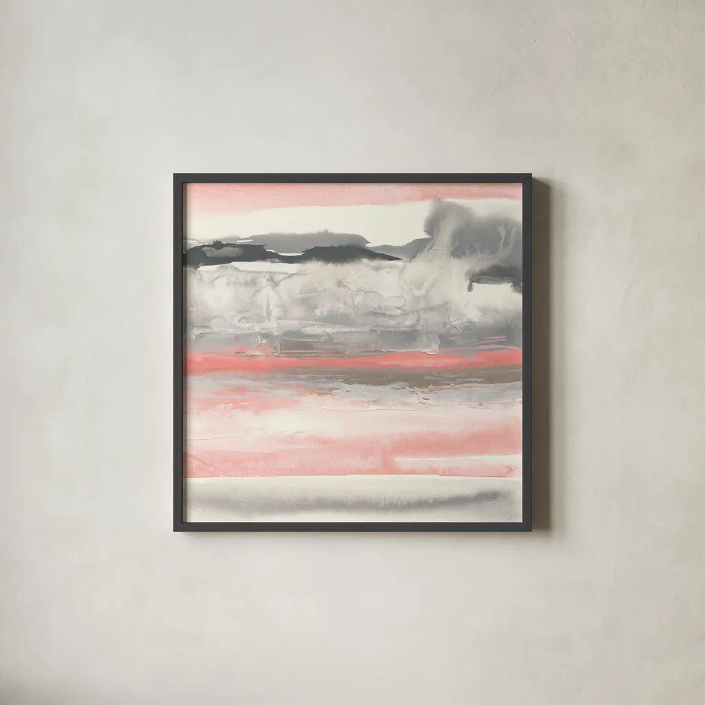 Charcoal and Coral I by Chris Paschke. Shown in a sleek black glass frame for a contemporary gallery look. Available as an archival giclee rolled canvas, fine art paper, or poster print. SKU 51485a.