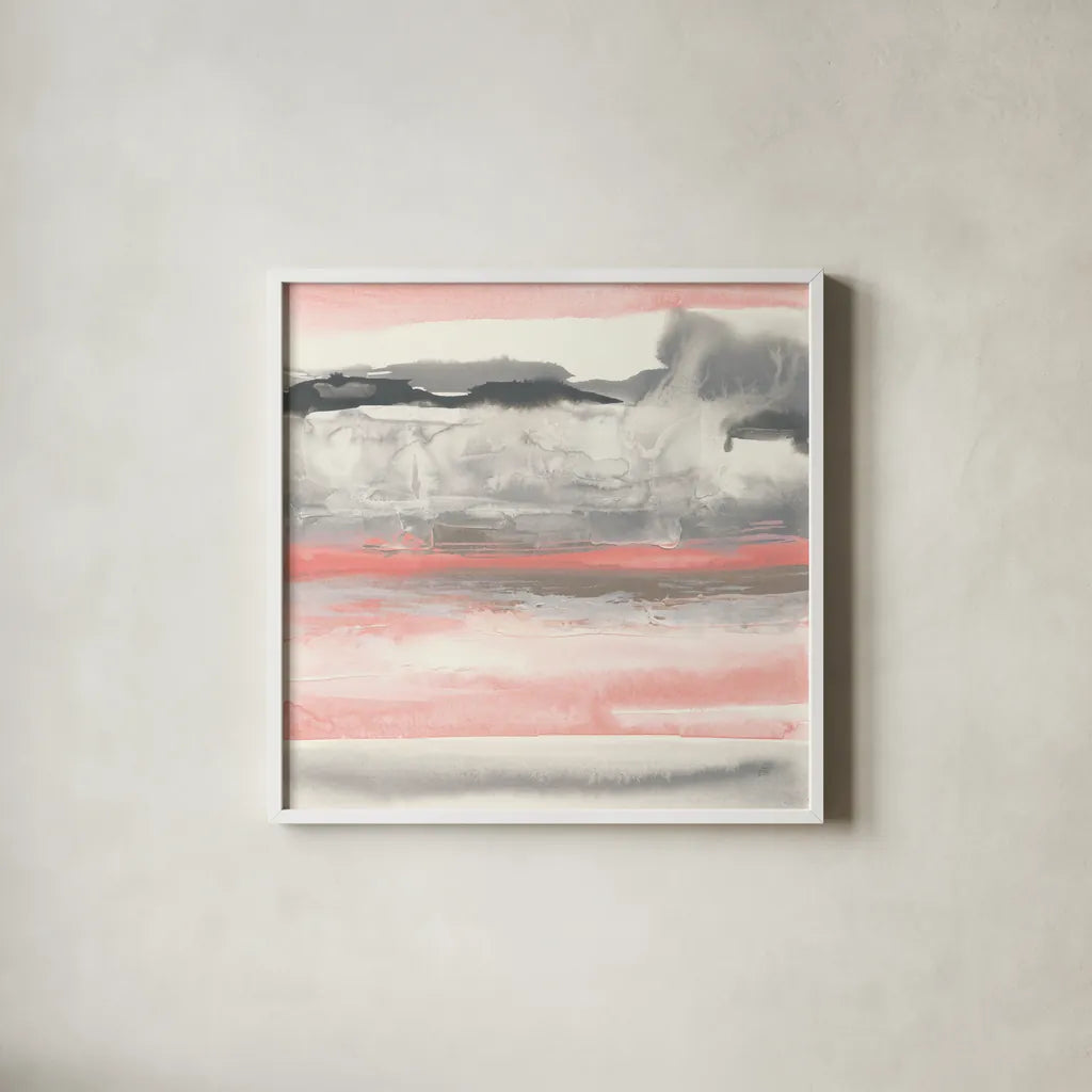 Charcoal and Coral I by Chris Paschke. Shown in a crisp white glass frame for a clean and minimalist style. Available as an archival giclee rolled canvas, fine art paper, or poster print. SKU 51485a.