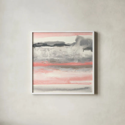 Charcoal and Coral I by Chris Paschke. Shown in a crisp white glass frame for a clean and minimalist style. Available as an archival giclee rolled canvas, fine art paper, or poster print. SKU 51485a.