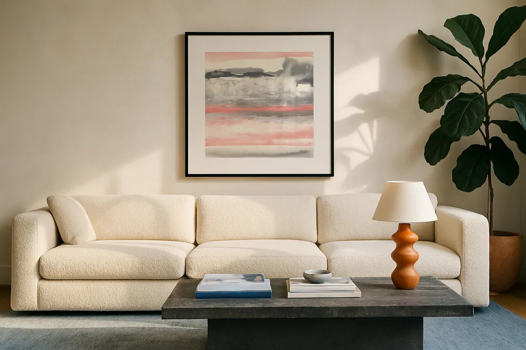 Charcoal and Coral I by Chris Paschke. Displayed in a glass frame with matte in a clean modern living room. Available as an archival giclee rolled canvas, fine art paper, or poster print. SKU 51485a.