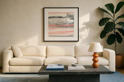 Charcoal and Coral I by Chris Paschke. Displayed in a glass frame with matte in a clean modern living room. Available as an archival giclee rolled canvas, fine art paper, or poster print. SKU 51485a.