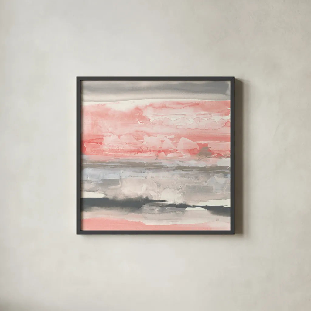 Charcoal and Coral II by Chris Paschke. Shown in a sleek black glass frame for a contemporary gallery look. Available as an archival giclee rolled canvas, fine art paper, or poster print. SKU 51486a.