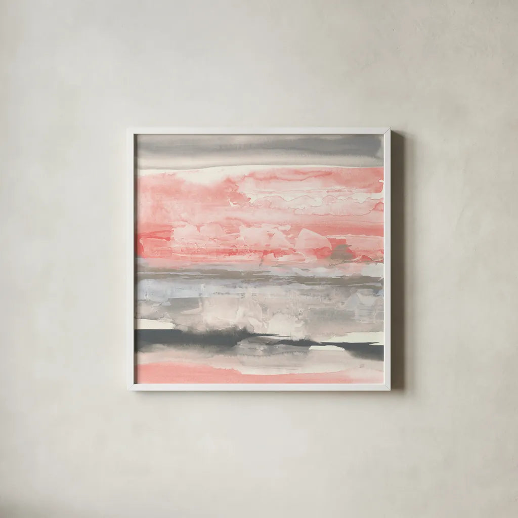 Charcoal and Coral II by Chris Paschke. Shown in a crisp white glass frame for a clean and minimalist style. Available as an archival giclee rolled canvas, fine art paper, or poster print. SKU 51486a.
