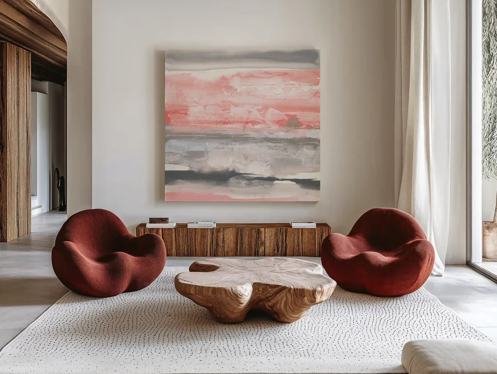 Charcoal and Coral II by Chris Paschke. Shown as extra-large giant wall art in a modern living room. Available as an archival giclee rolled canvas, fine art paper, or poster print. SKU 51486a.