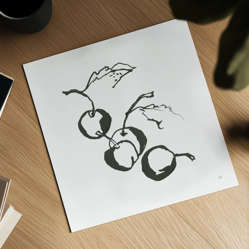 Cherries BW by Chris Paschke. Shown as a detailed flat fine art print, highlighting archival giclee quality. Available as an archival giclee rolled canvas, fine art paper, or poster print. SKU 64213a.