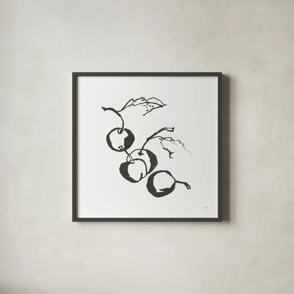 Cherries BW by Chris Paschke. Shown in a sleek black glass frame for a contemporary gallery look. Available as an archival giclee rolled canvas, fine art paper, or poster print. SKU 64213a.