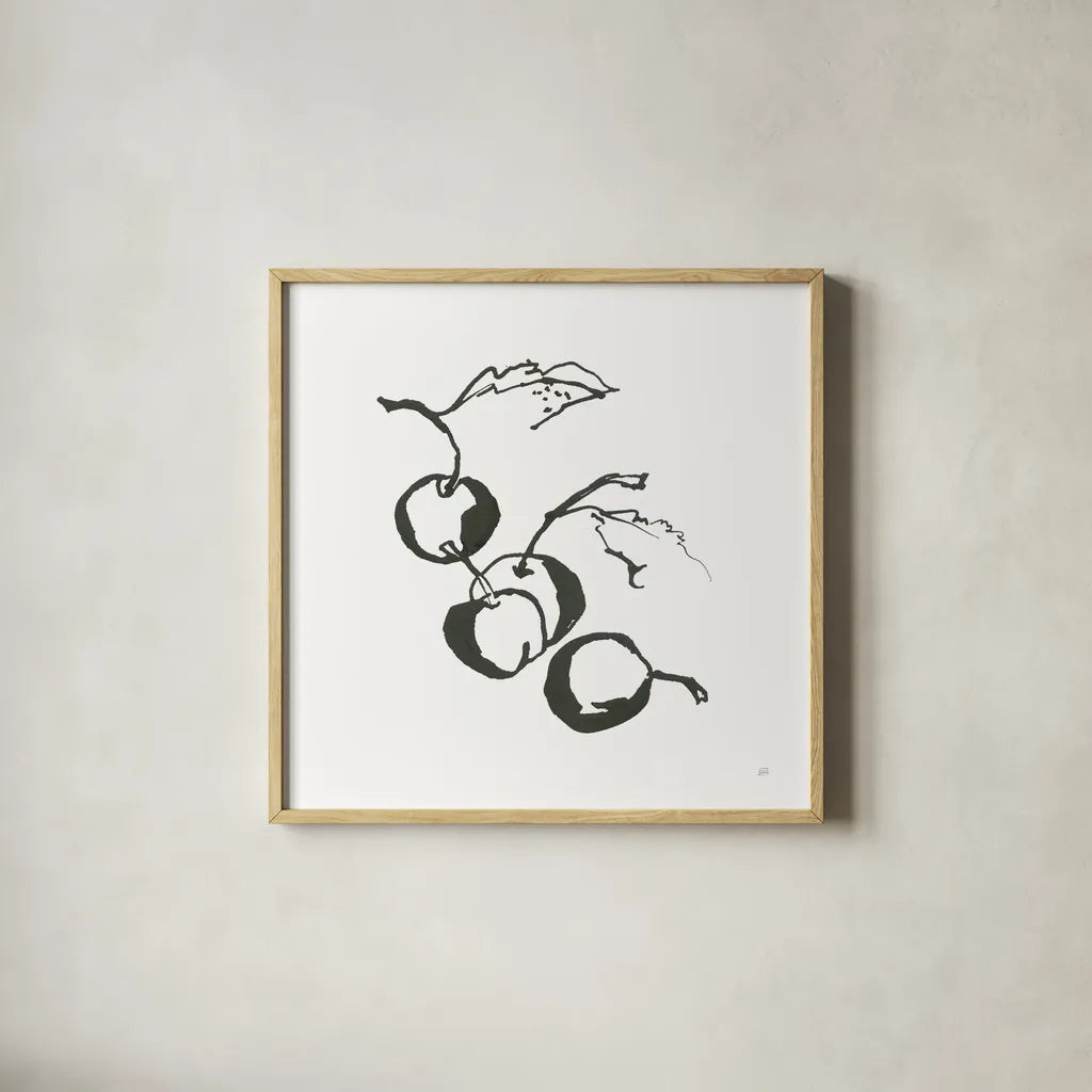 Cherries BW by Chris Paschke. Shown in a natural wood glass frame for a timeless modern aesthetic. Available as an archival giclee rolled canvas, fine art paper, or poster print. SKU 64213a.