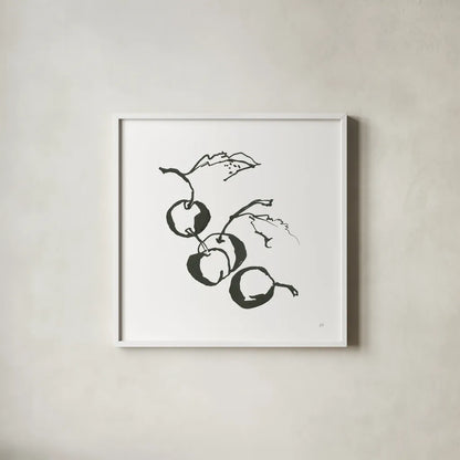 Cherries BW by Chris Paschke. Shown in a crisp white glass frame for a clean and minimalist style. Available as an archival giclee rolled canvas, fine art paper, or poster print. SKU 64213a.