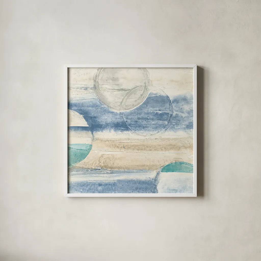 Circles in Time III by Chris Paschke. Shown in a crisp white glass frame for a clean and minimalist style. Available as an archival giclee rolled canvas, fine art paper, or poster print. SKU 12396a.