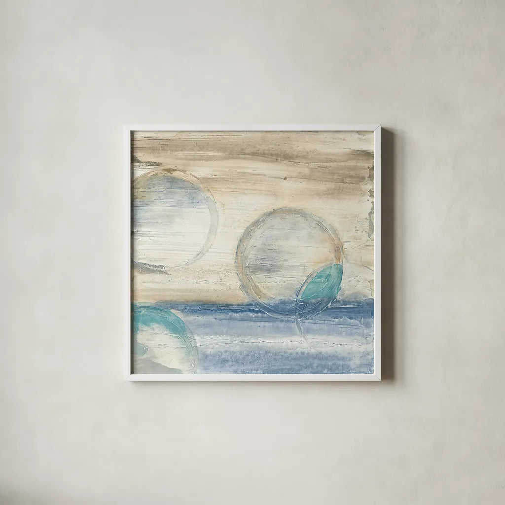 Circles in Time IV by Chris Paschke. Shown in a crisp white glass frame for a clean and minimalist style. Available as an archival giclee rolled canvas, fine art paper, or poster print. SKU 12397a.