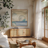 Circles in Time IV by Chris Paschke. Shown in a natural wood frame in a cozy modern living room. Available as an archival giclee rolled canvas, fine art paper, or poster print. SKU 12397a.