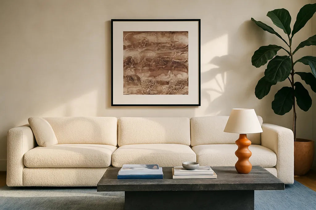 Circular Horizon I Dark by Chris Paschke. Displayed in a glass frame with matte in a clean modern living room. Available as an archival giclee rolled canvas, fine art paper, or poster print. SKU 93985a.