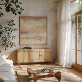 Circular Horizon II by Chris Paschke. Shown in a natural wood frame in a cozy modern living room. Available as an archival giclee rolled canvas, fine art paper, or poster print. SKU 16874a.