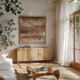 Circular Horizon II Dark by Chris Paschke. Shown in a natural wood frame in a cozy modern living room. Available as an archival giclee rolled canvas, fine art paper, or poster print. SKU 93986a.