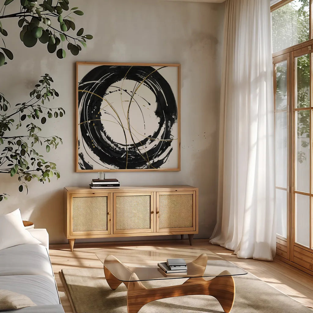 Circular Web by Chris Paschke. Shown in a natural wood frame in a cozy modern living room. Available as an archival giclee rolled canvas, fine art paper, or poster print. SKU 31727a.