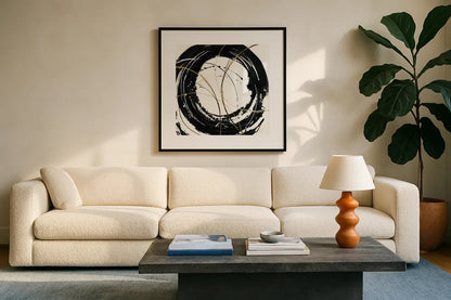 Circular Web by Chris Paschke. Displayed in a glass frame with matte in a clean modern living room. Available as an archival giclee rolled canvas, fine art paper, or poster print. SKU 31727a.