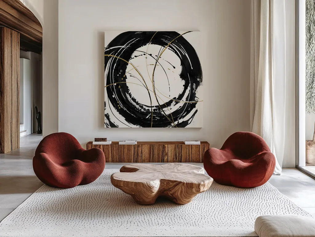 Circular Web by Chris Paschke. Shown as extra-large giant wall art in a modern living room. Available as an archival giclee rolled canvas, fine art paper, or poster print. SKU 31727a.