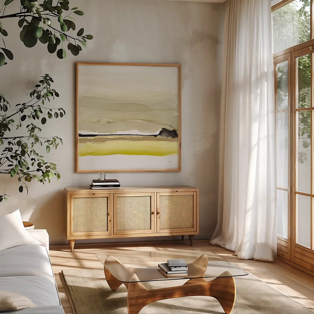 Citruscape II by Chris Paschke. Shown in a natural wood frame in a cozy modern living room. Available as an archival giclee rolled canvas, fine art paper, or poster print. SKU 81893a.