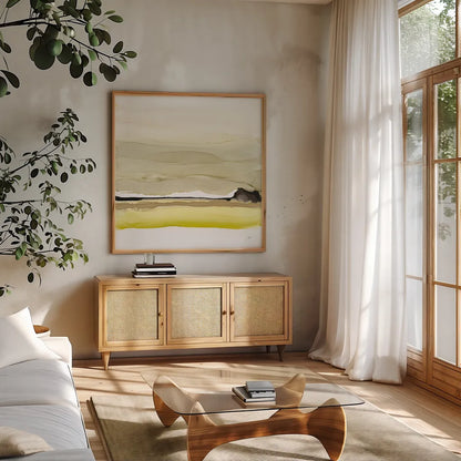 Citruscape II by Chris Paschke. Shown in a natural wood frame in a cozy modern living room. Available as an archival giclee rolled canvas, fine art paper, or poster print. SKU 81893a.