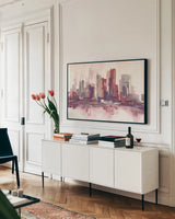 City Passion II by Chris Paschke. shown as a framed stretched canvas in a living room above a console. Available as a archival giclee rolled canvas, fine art paper, or poster print. SKU 98212i.