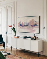 City at Work I by Chris Paschke. shown as a framed stretched canvas in a living room above a console. Available as a archival giclee rolled canvas, fine art paper, or poster print. SKU 98209i.