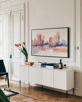 City at Work II by Chris Paschke. shown as a framed stretched canvas in a living room above a console. Available as a archival giclee rolled canvas, fine art paper, or poster print. SKU 98210i.